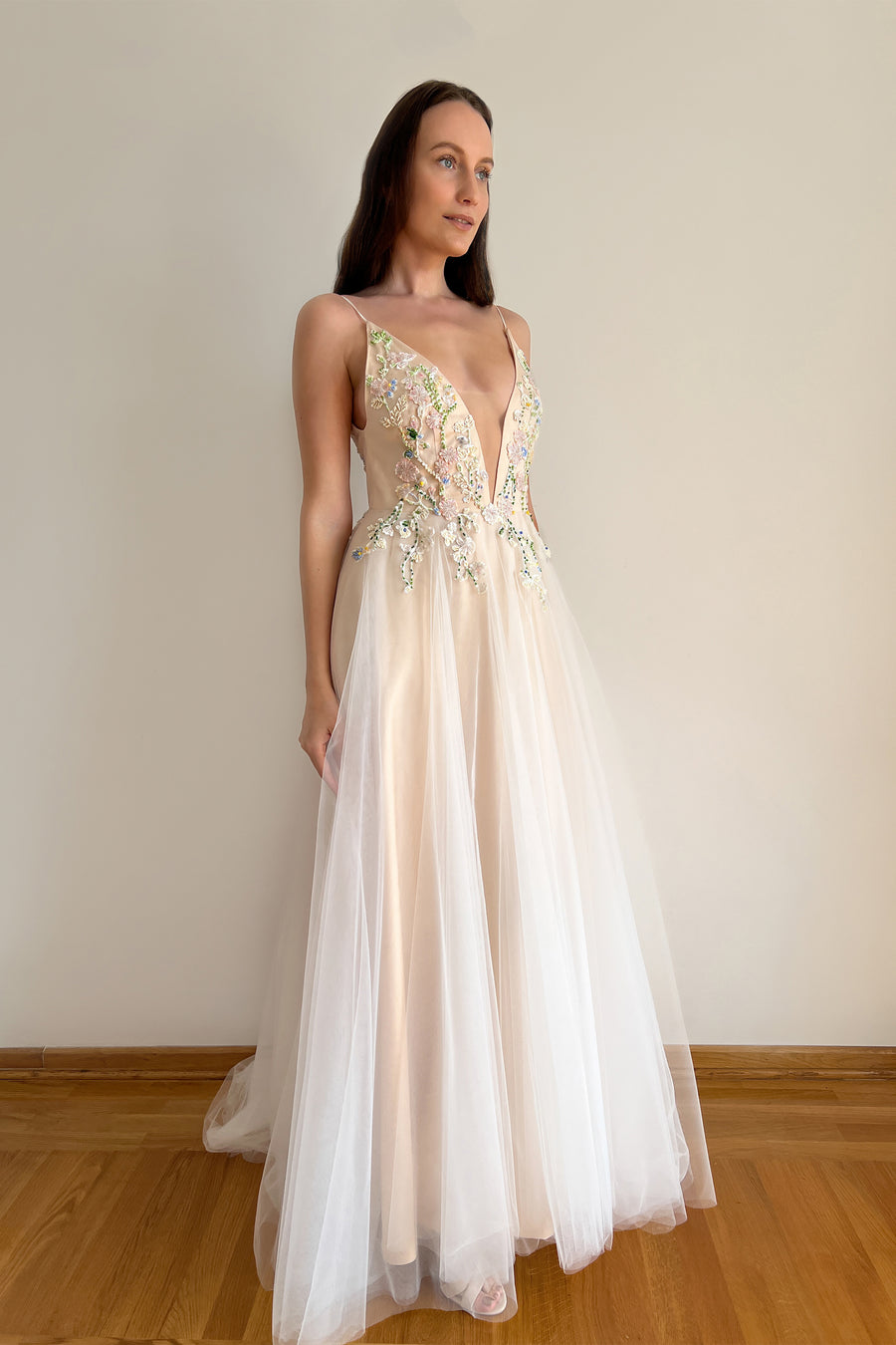 Floral embroidered wedding dress with deep V-neck