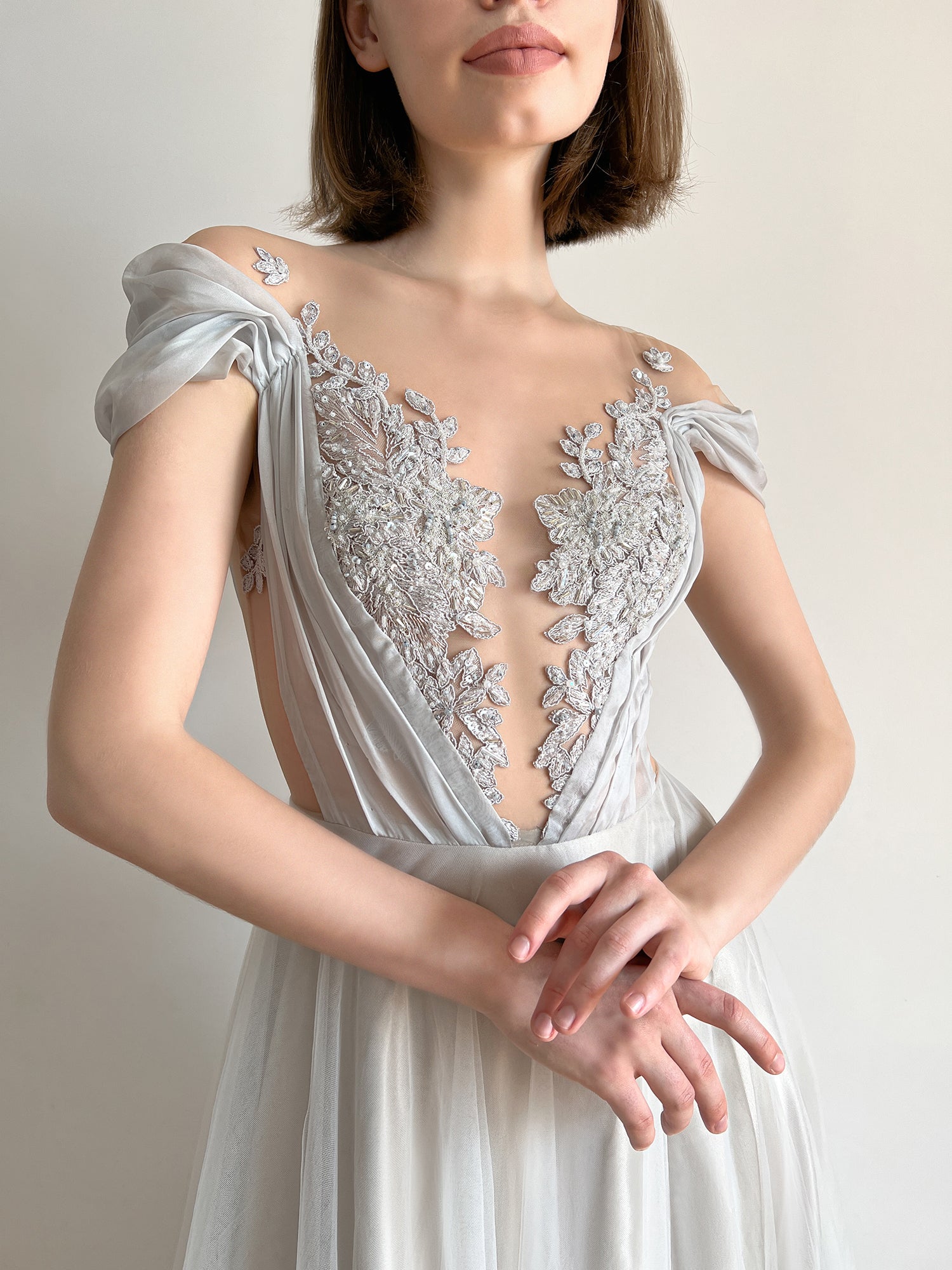 Grey tulle wedding dress