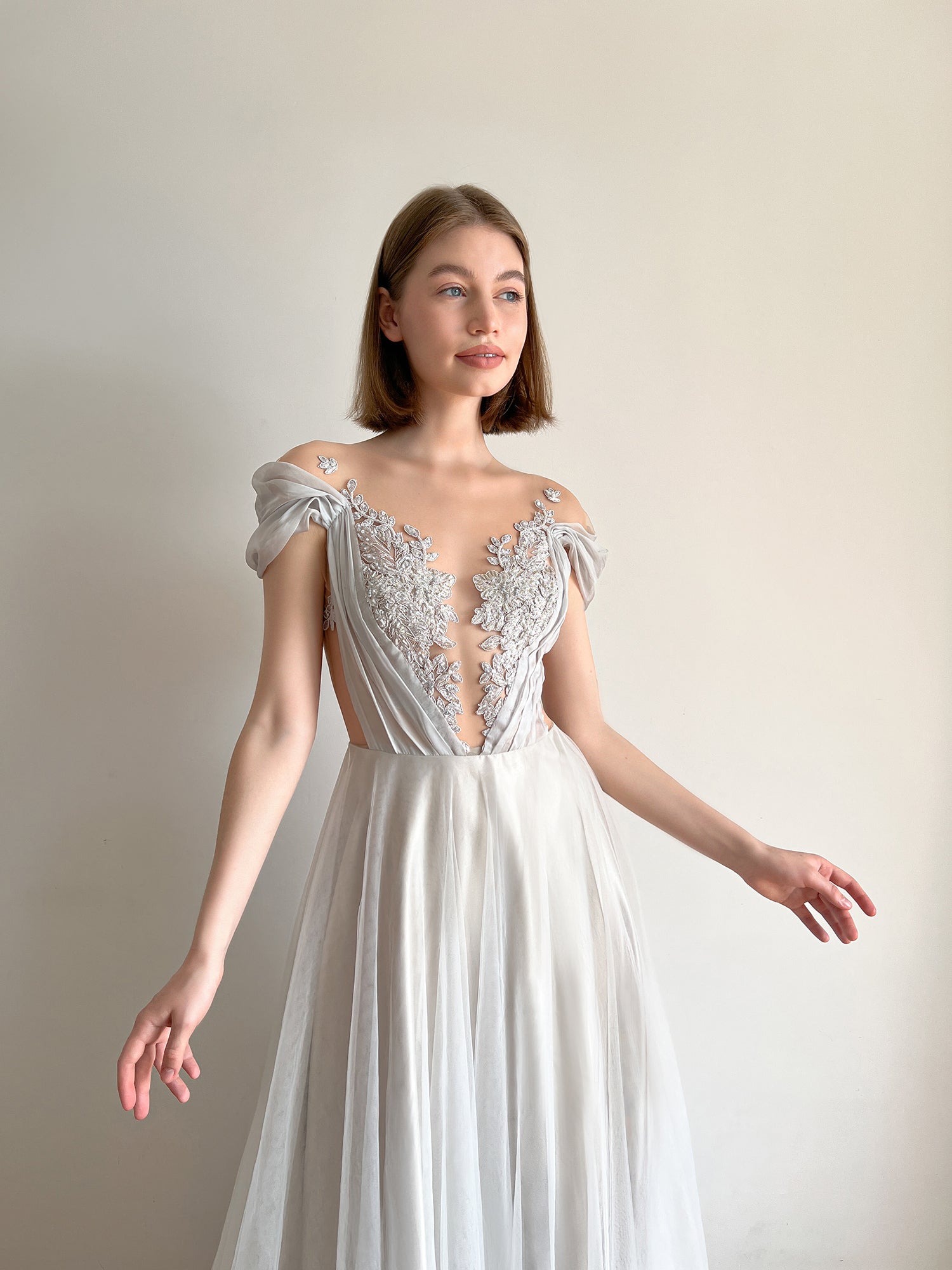 Grey tulle wedding dress