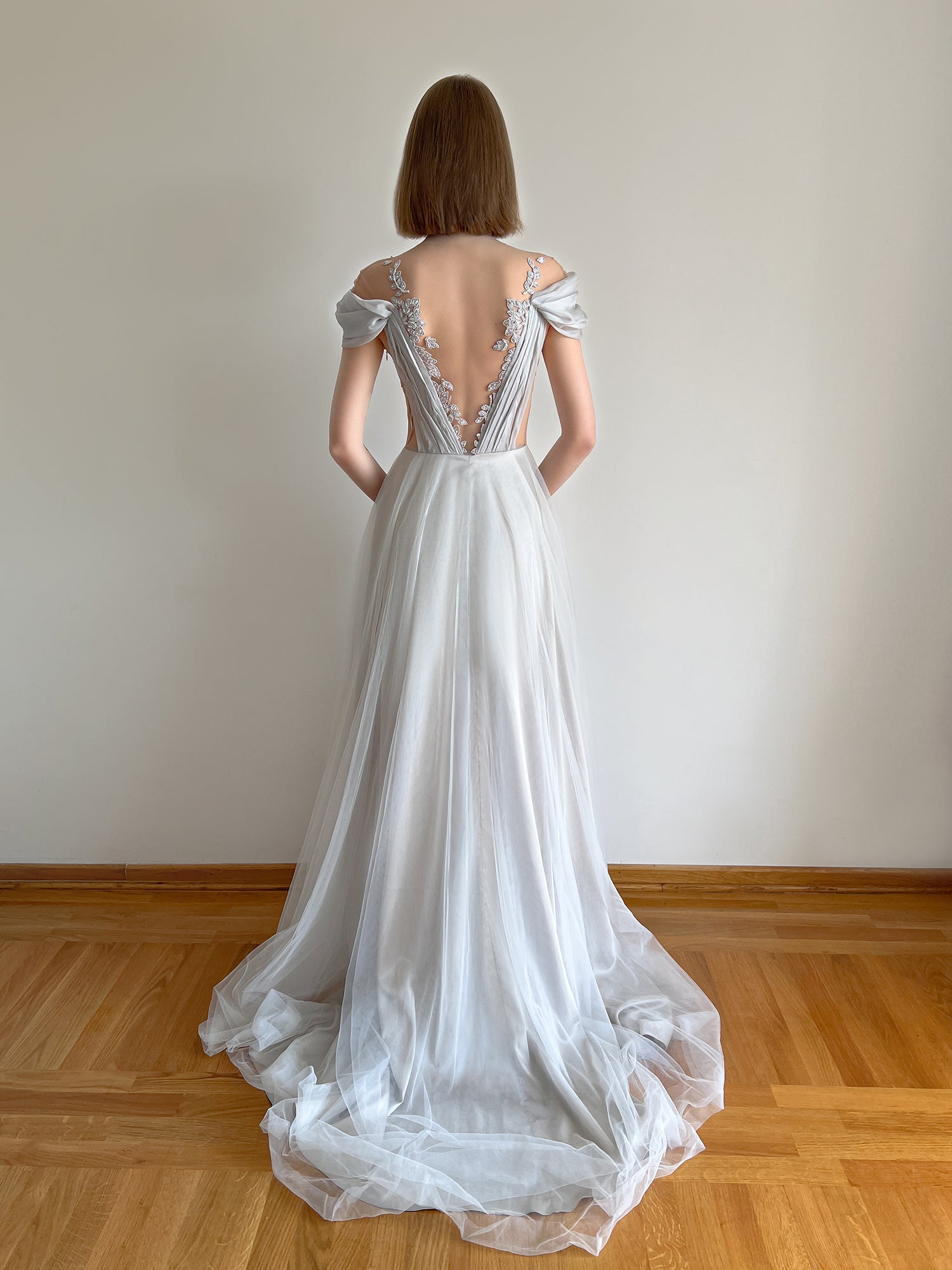 Grey tulle wedding dress