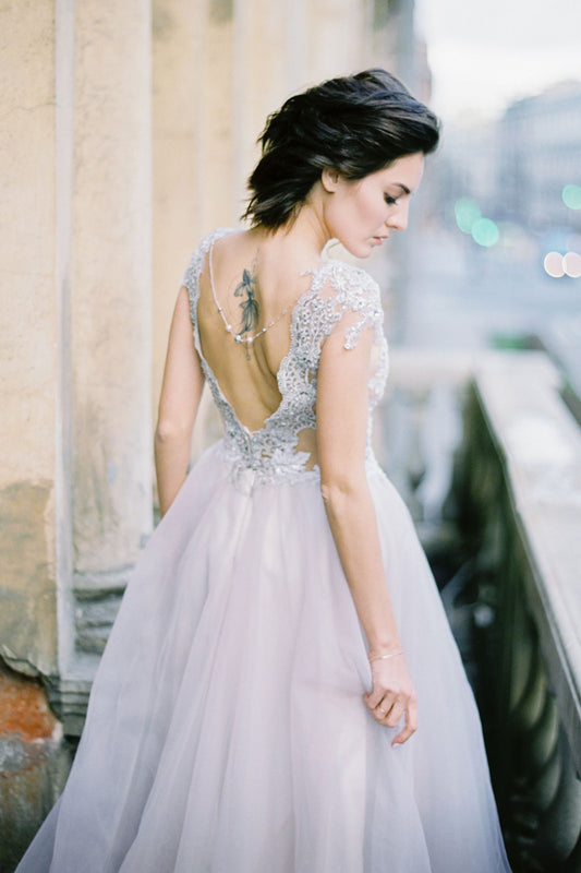 Lavender Ombre Tulle Wedding Dress with Floral Embroidery and Open Back