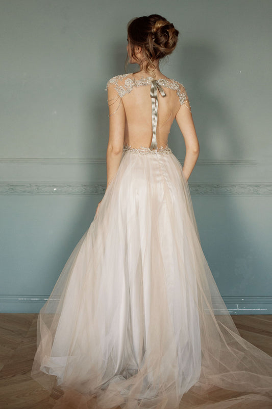 Gold lace wedding dress with beaded bodice and open back