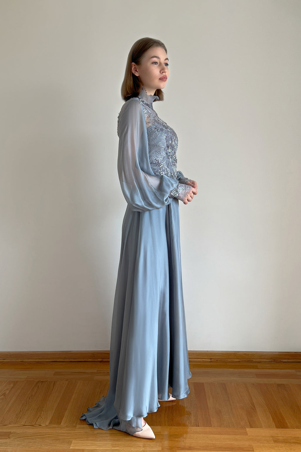 Blue Embroidered Wedding Dress with Long Sleeves and Open Back