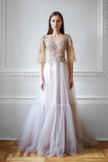 Beaded embroidered wedding dress with flutter sleeves