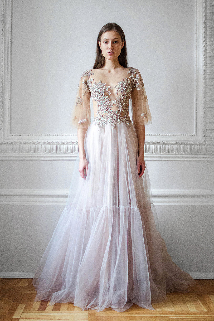 Beaded embroidered wedding dress with flutter sleeves
