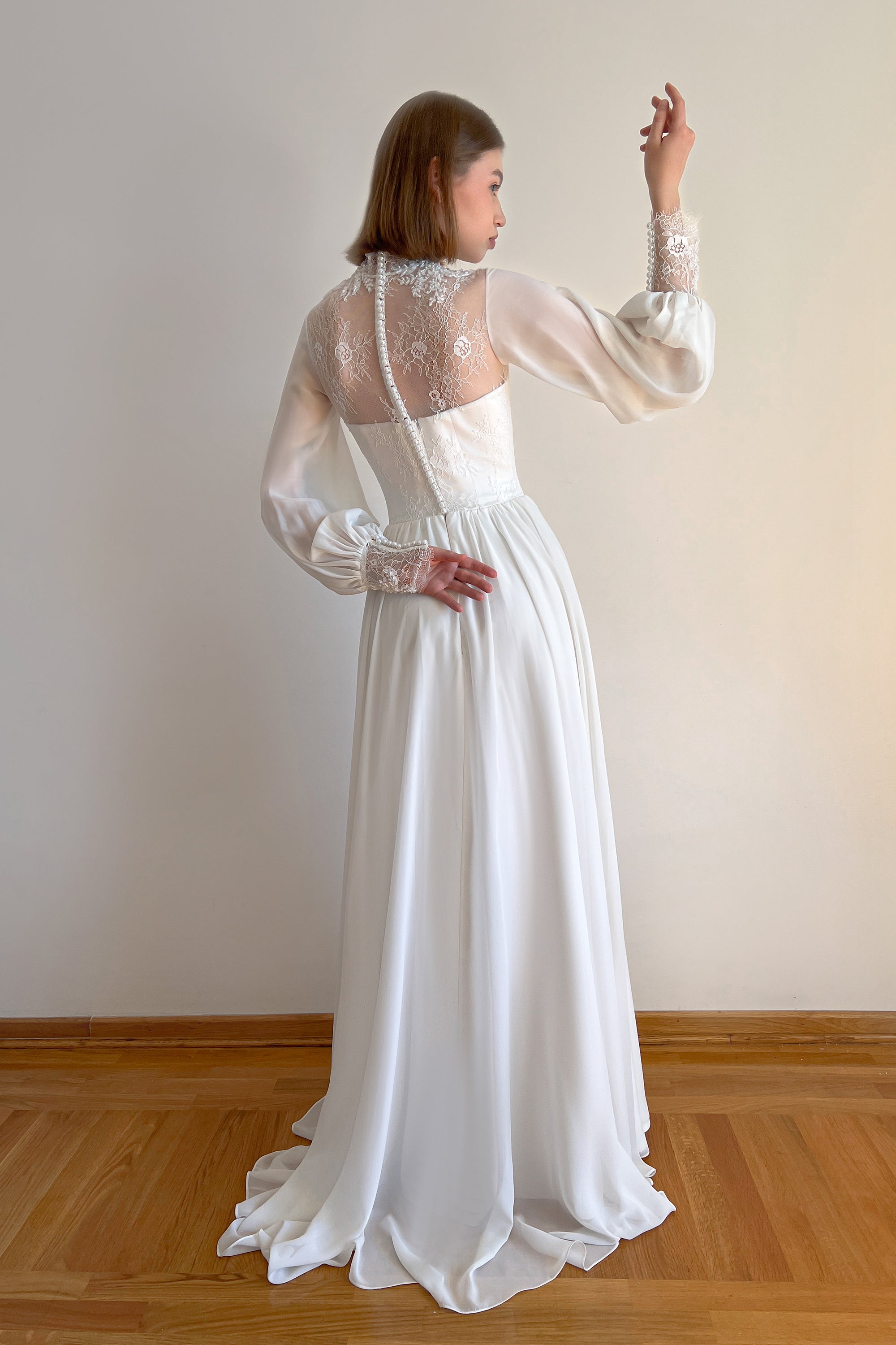 Bishop sleeve wedding dress with high neck