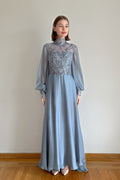 Blue Embroidered Wedding Dress with Long Sleeves and Open Back