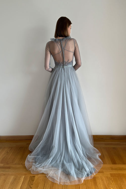 Blue Tulle Wedding Dress with Long Sleeves and Sheer Back