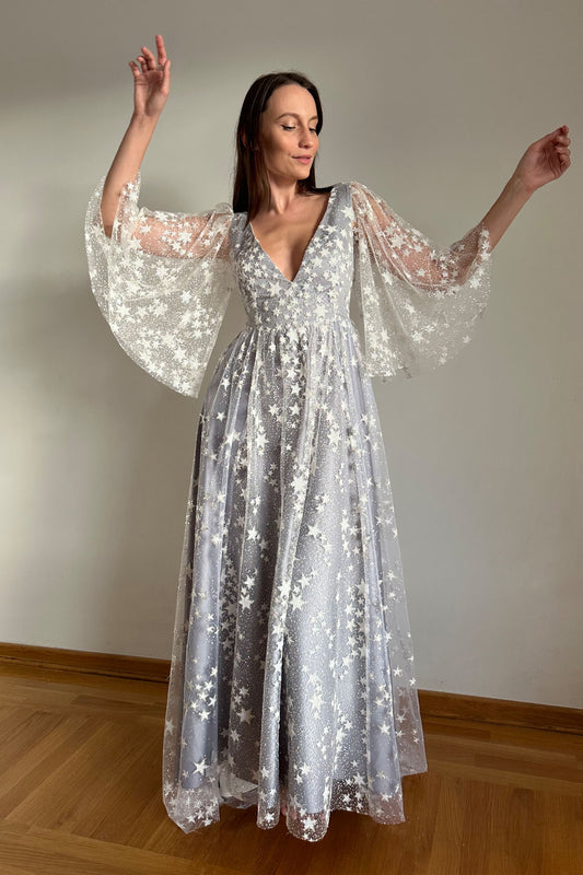 Silver Star Wedding Dress with Butterfly Sleeves and Open Back