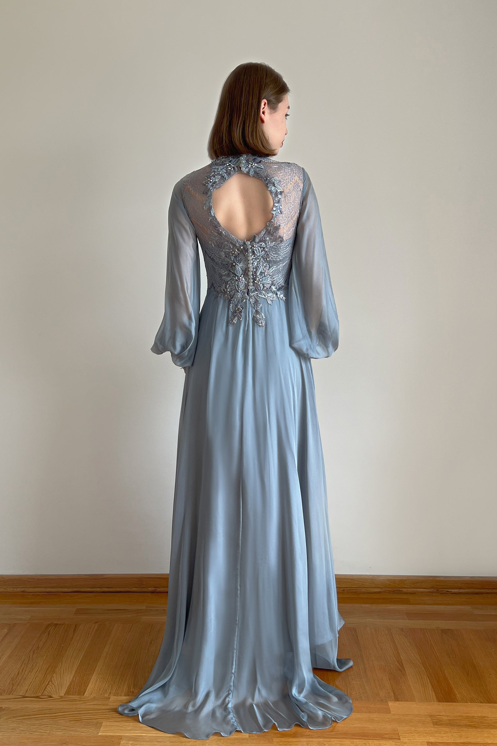 Blue Embroidered Wedding Dress with Long Sleeves and Open Back