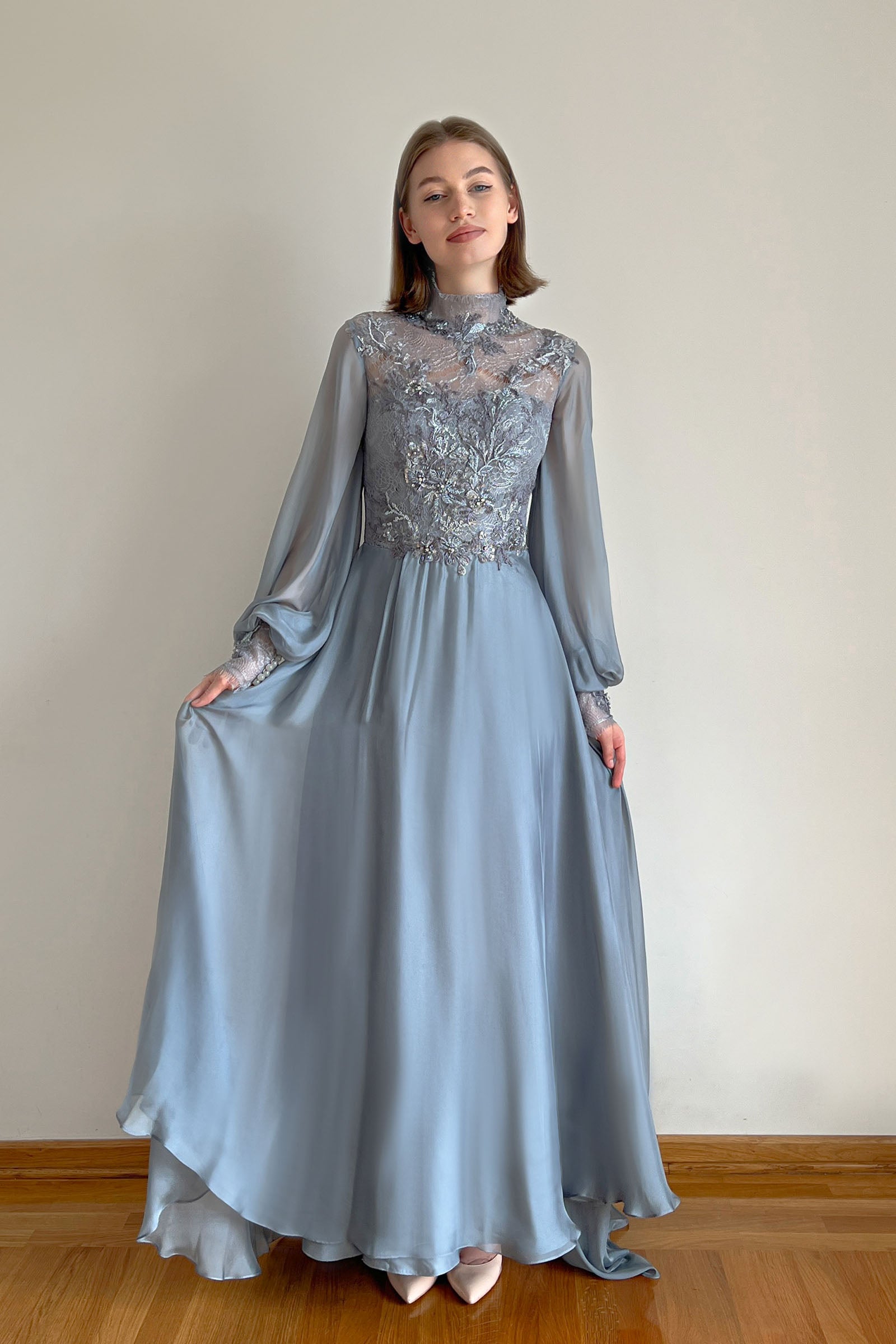Blue Embroidered Wedding Dress with Long Sleeves and Open Back