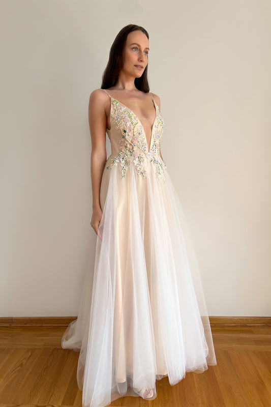 Floral embroidered wedding dress with deep V-neck
