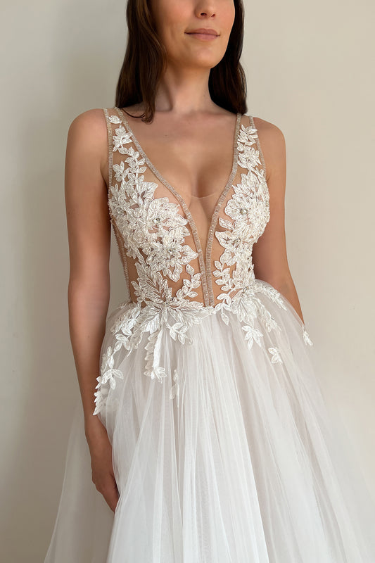 Floral embroidered wedding dress with deep V-neck