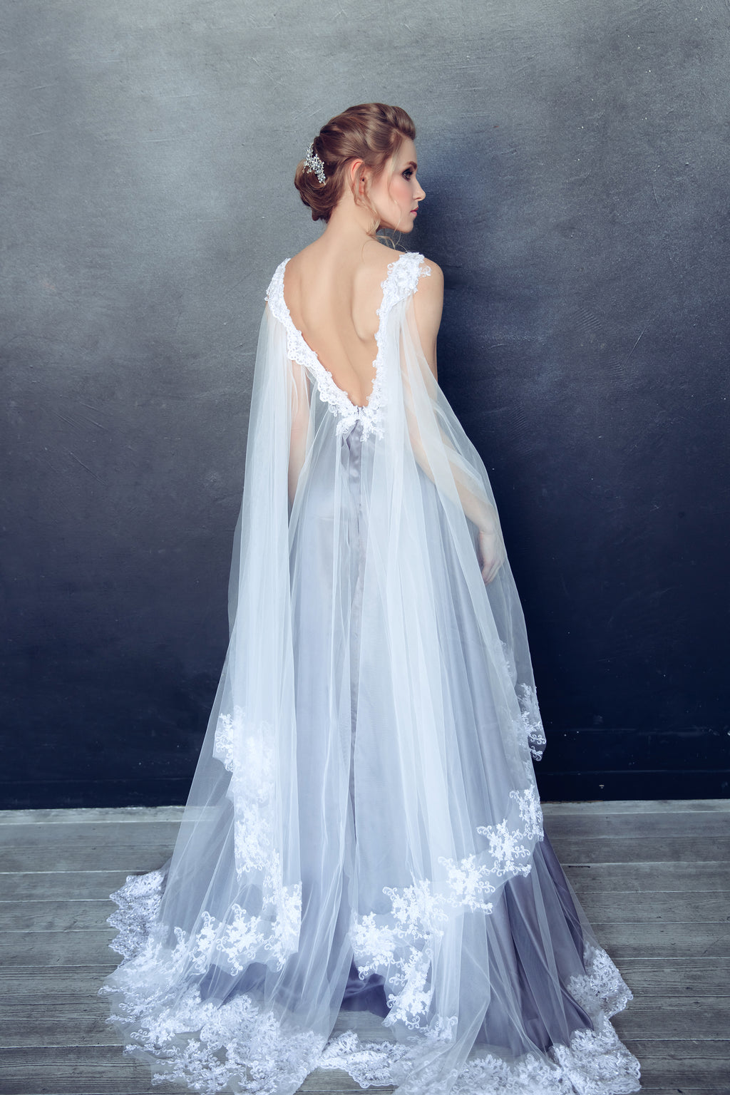 Elven wedding dress with lace bodice and tulle cape