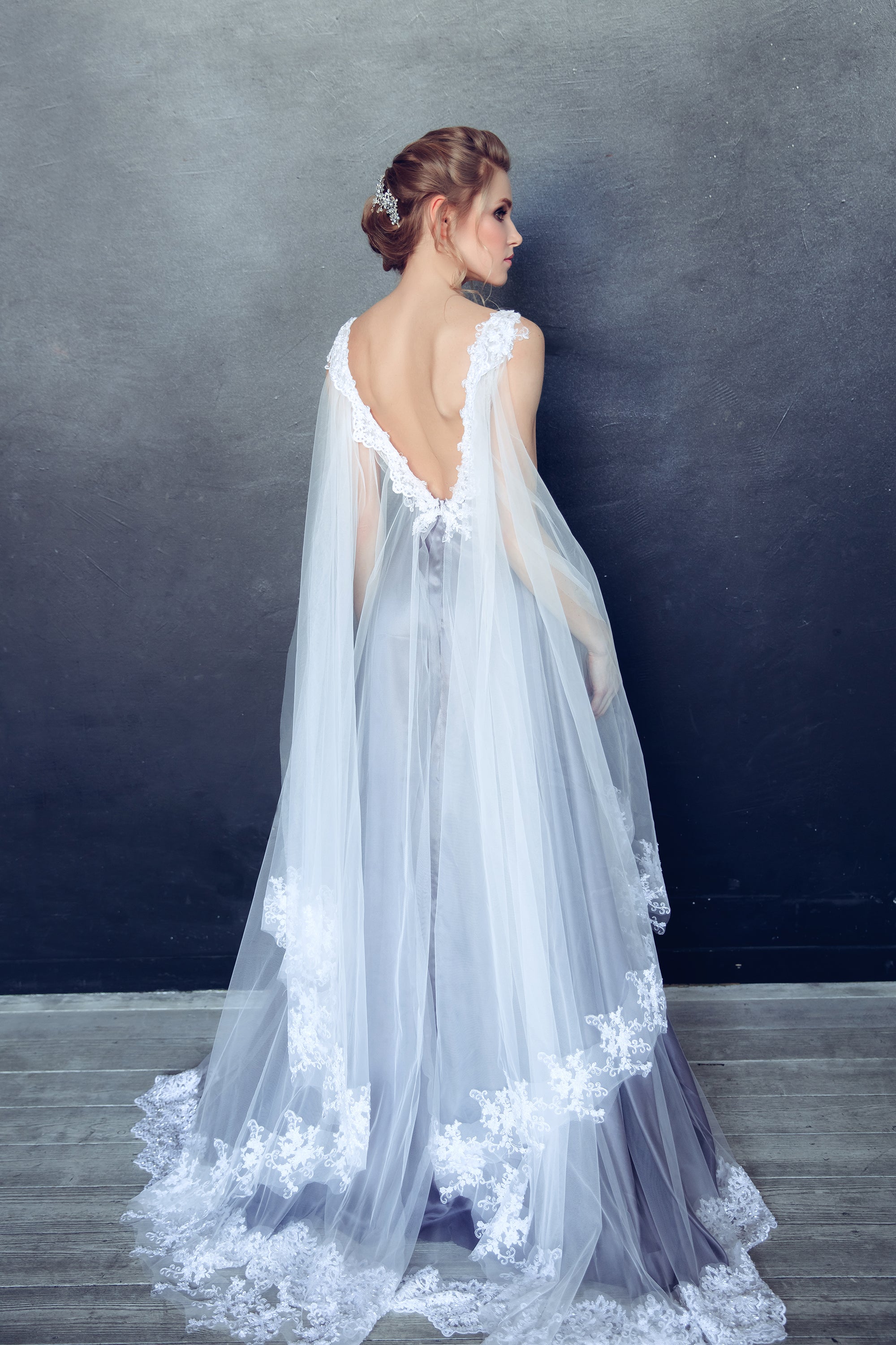 Elven wedding dress with lace bodice and tulle cape