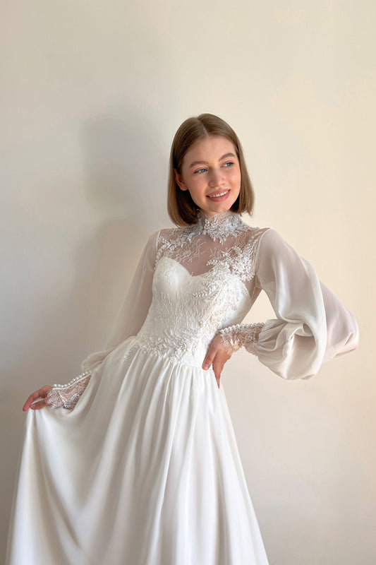 Bishop sleeve wedding dress with high neck