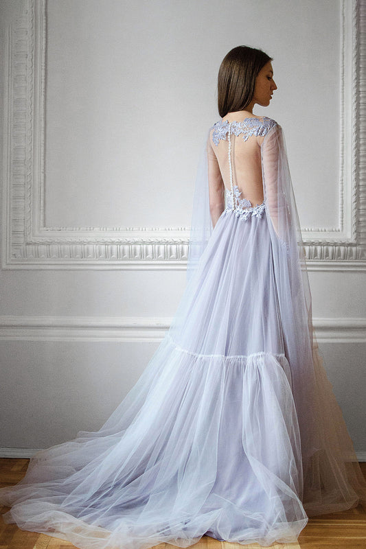 Lavender Wedding Dress with Cape Sleeves and Floral Embroidery