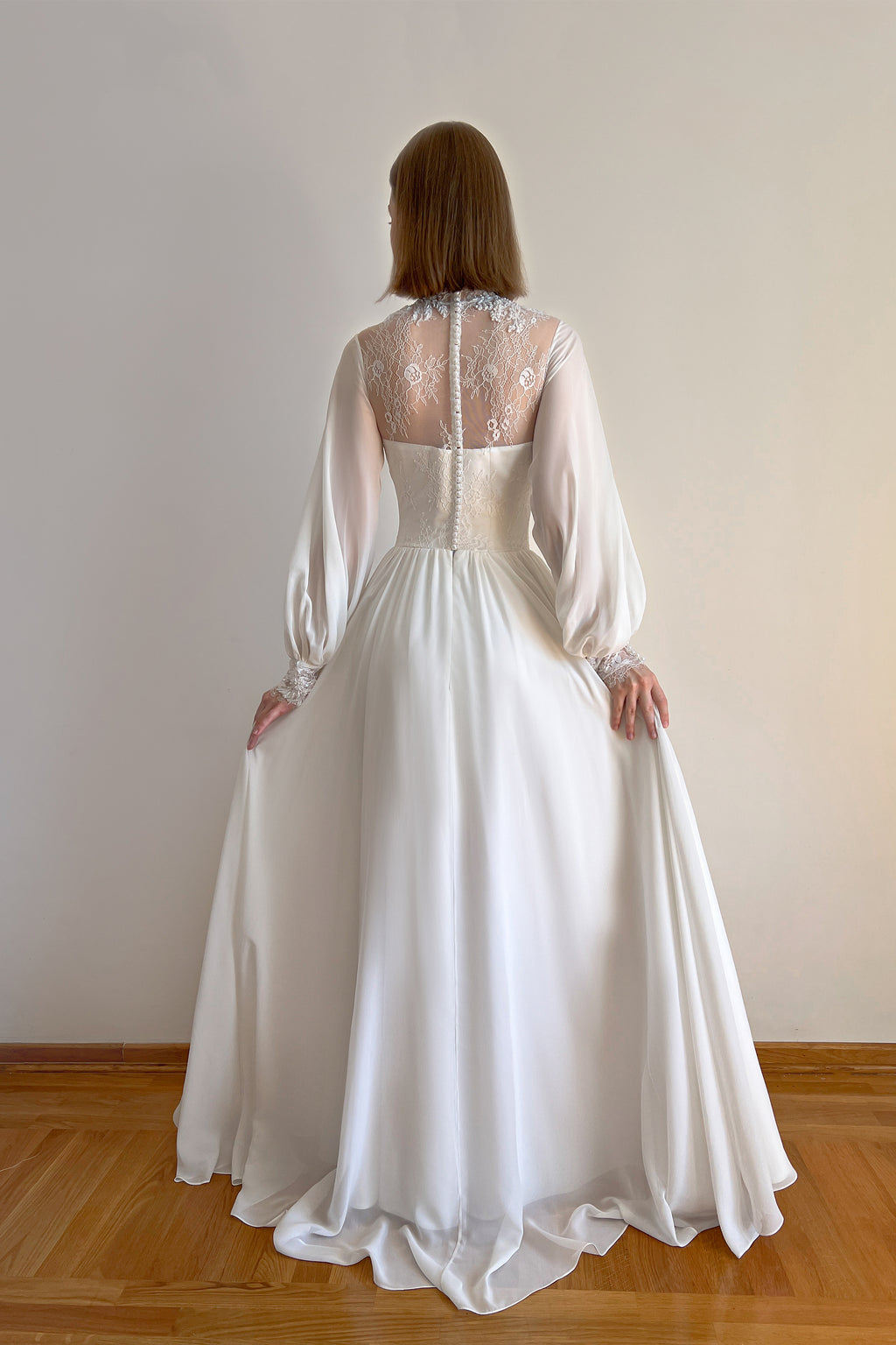 Bishop sleeve wedding dress with high neck