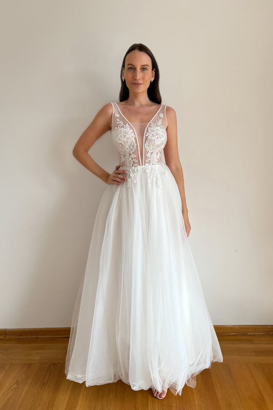 White floral embroidered wedding dress with deep V-neck