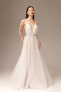 Backless draped tulle wedding dress with beaded belt
