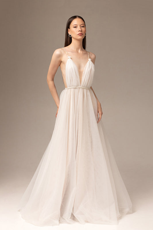 Backless draped tulle wedding dress with beaded belt