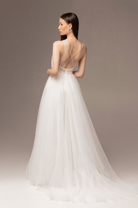 Draped tulle wedding dress with deep V neckline
