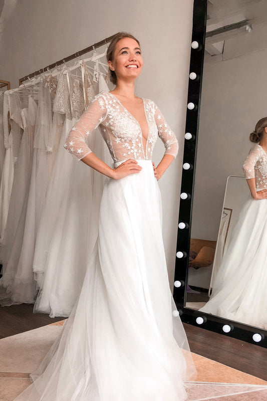 Star Embroidered Wedding Dress with Deep V-Neck and Open Back