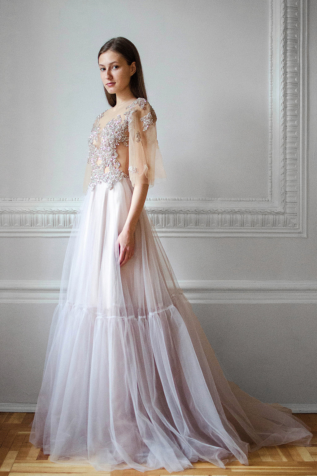 Beaded embroidered wedding dress with flutter sleeves