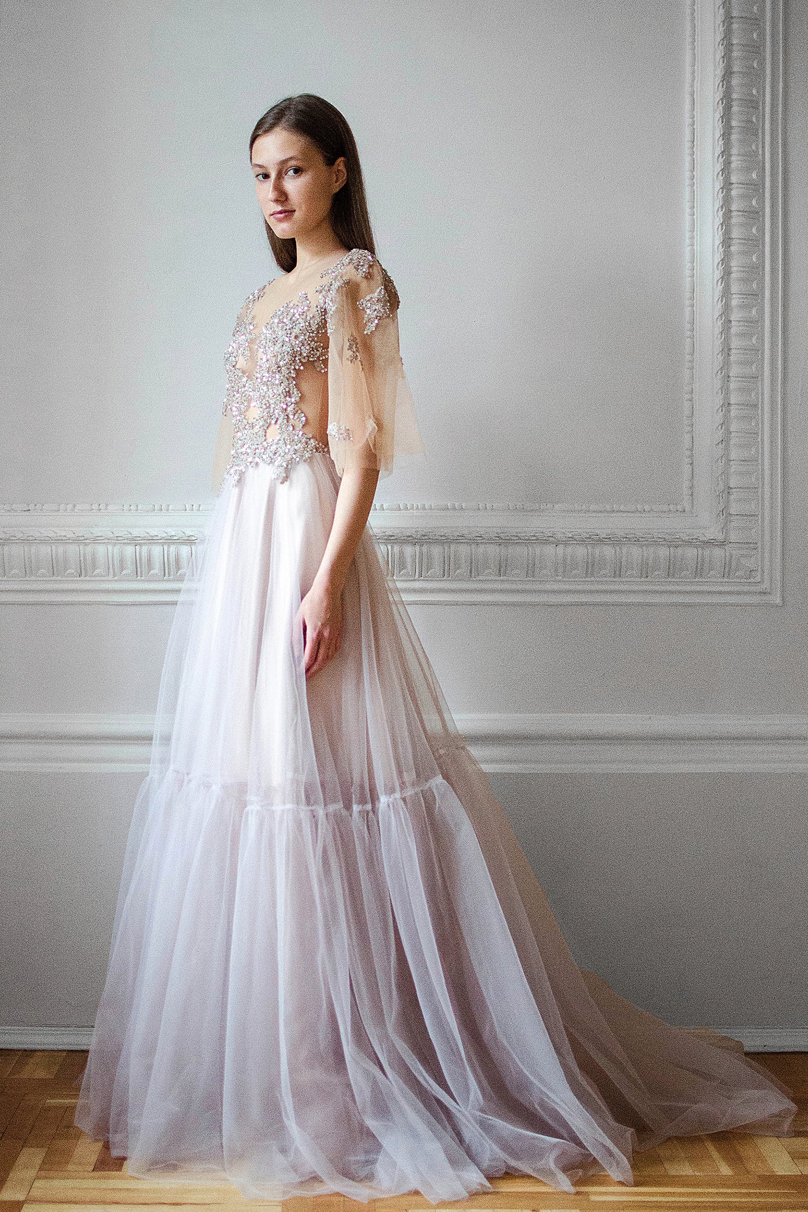 Beaded embroidered wedding dress with flutter sleeves