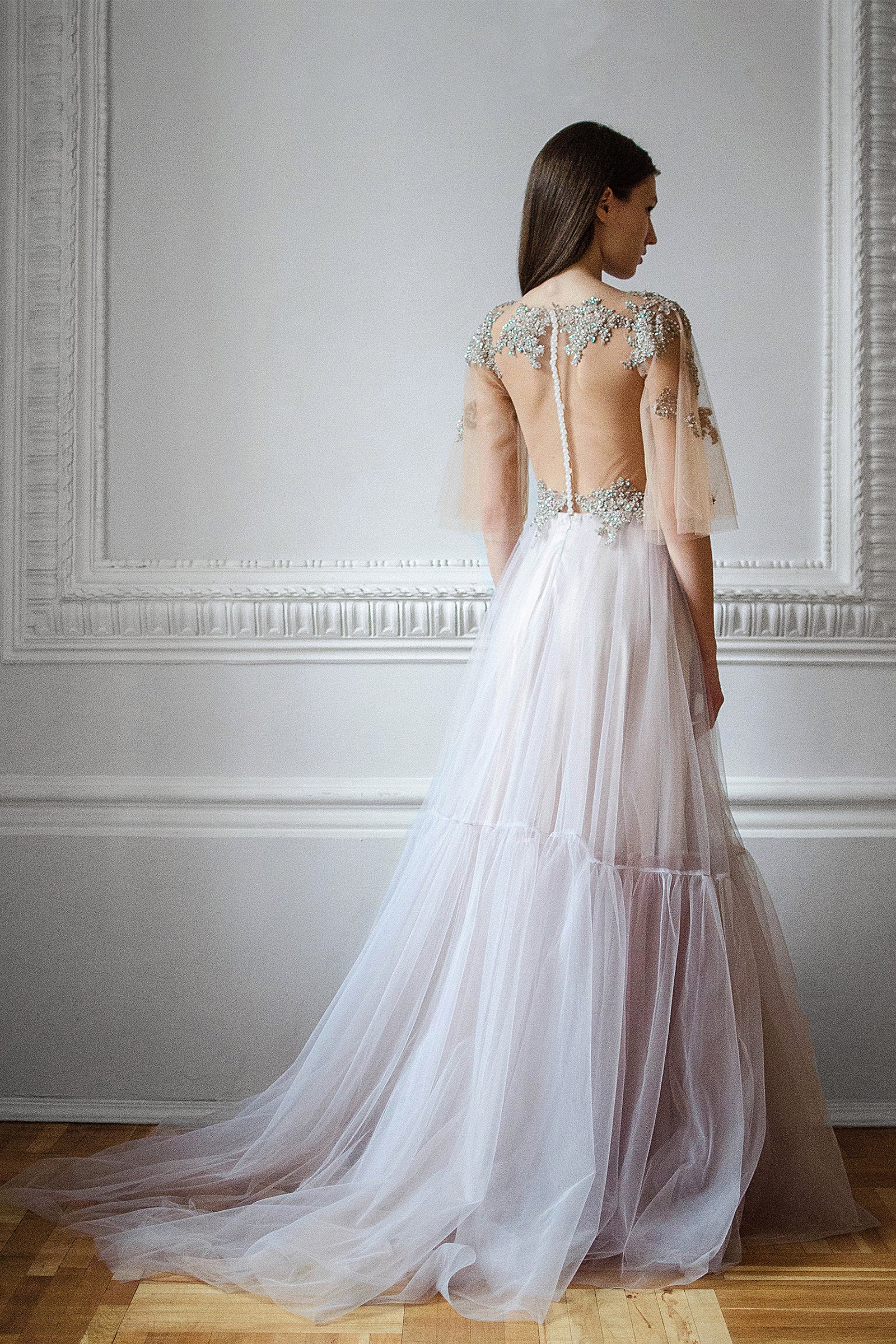 Beaded embroidered wedding dress with flutter sleeves