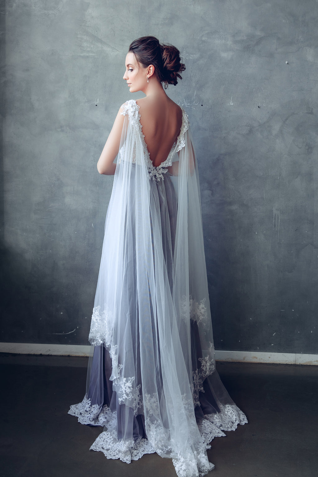 Elven wedding dress with lace bodice and tulle cape