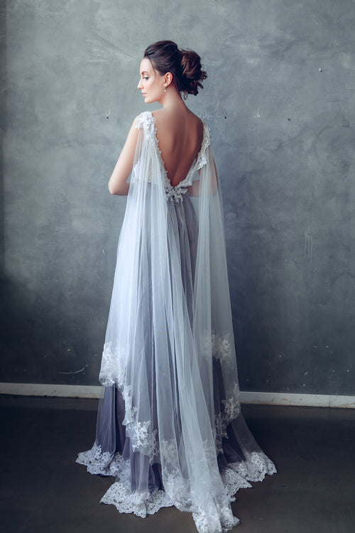 Elven wedding dress with lace bodice and tulle cape