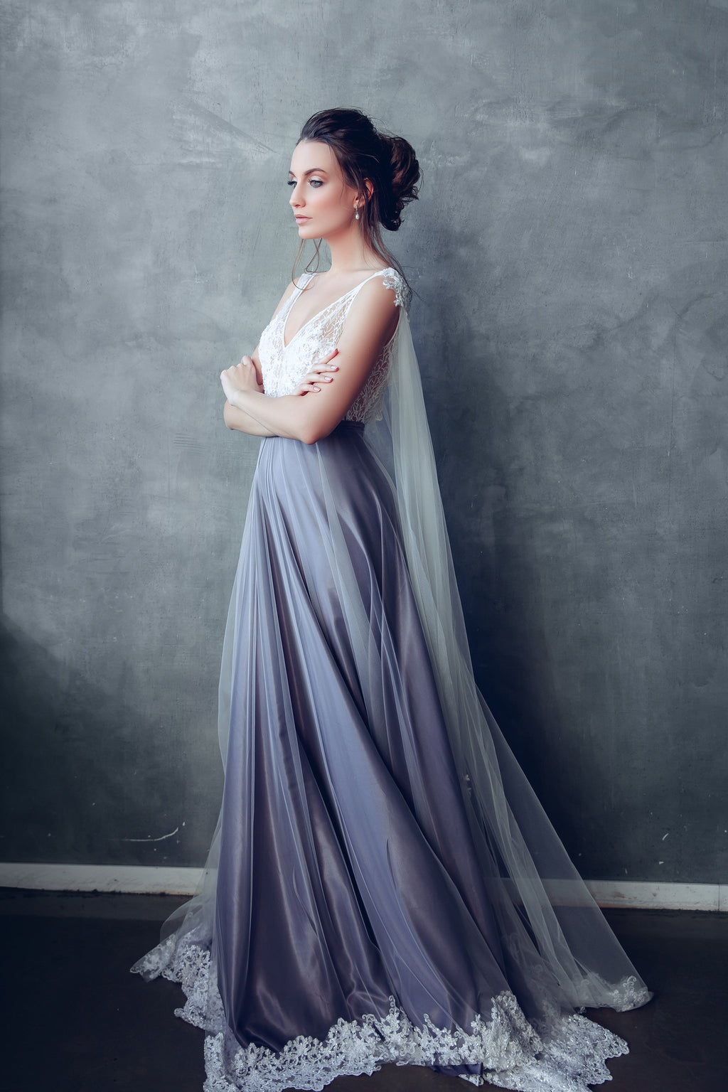 Elven wedding dress with lace bodice and tulle cape