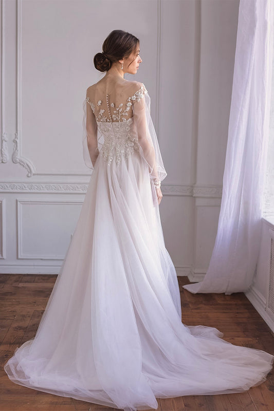 Floral embroidered wedding dress with sheer sleeves