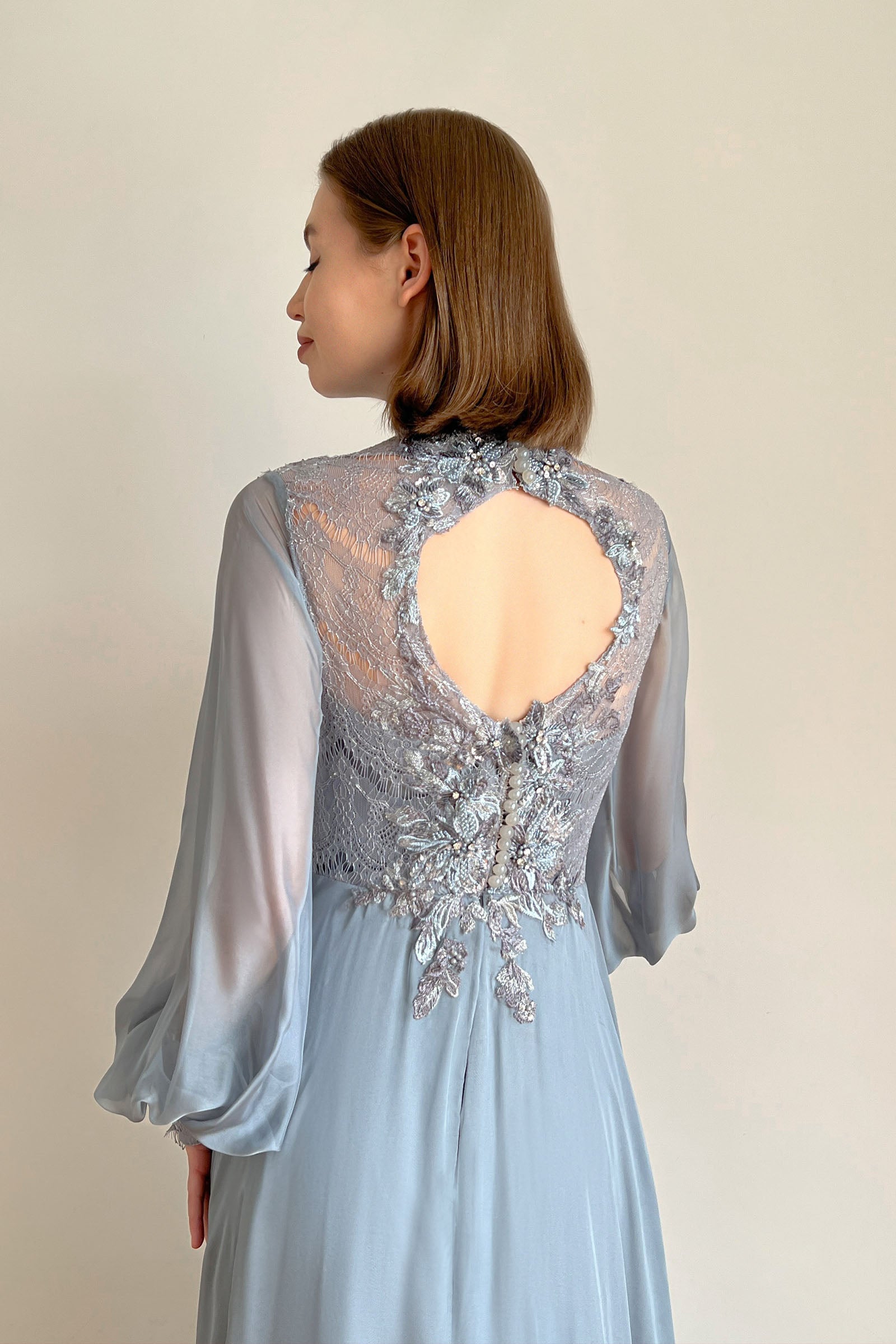 Blue Embroidered Wedding Dress with Long Sleeves and Open Back