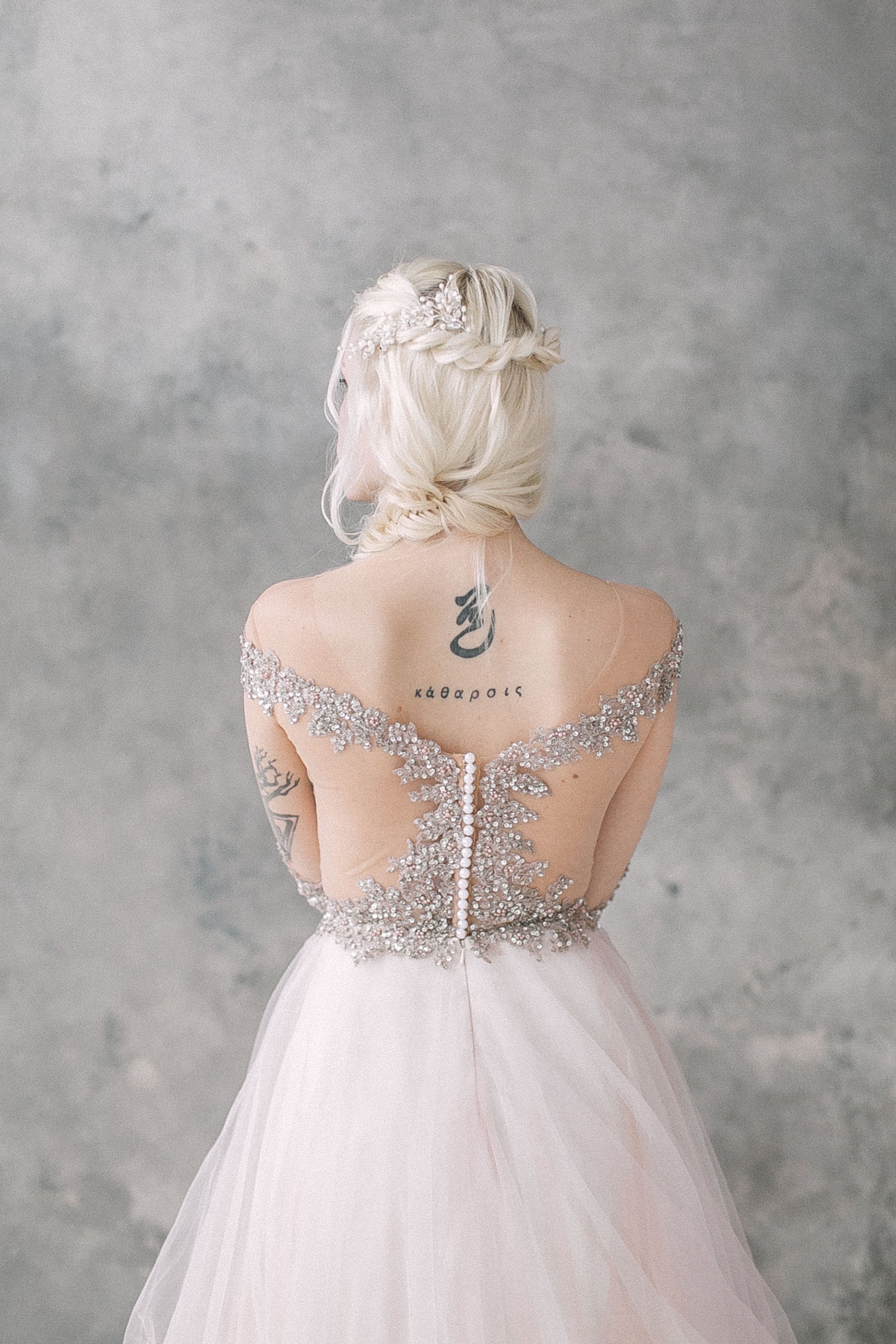 Blush tulle wedding dress with beaded bodice