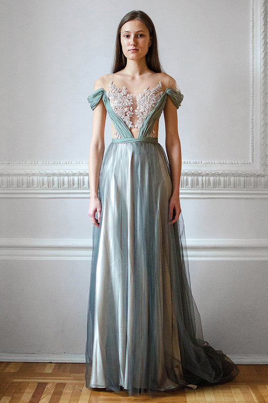 Sage green wedding dress with beaded floral top