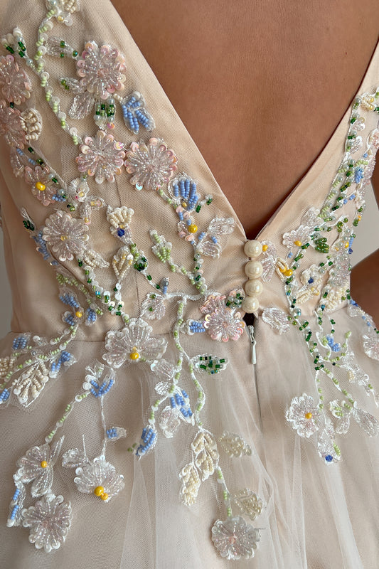 Floral embroidered wedding dress with deep V-neck