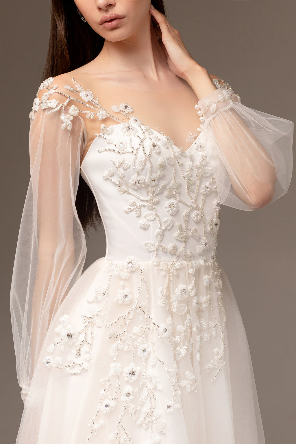 Floral embroidered wedding dress with puff sleeves