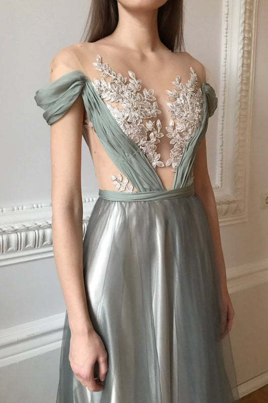 Sage green wedding dress with beaded floral top