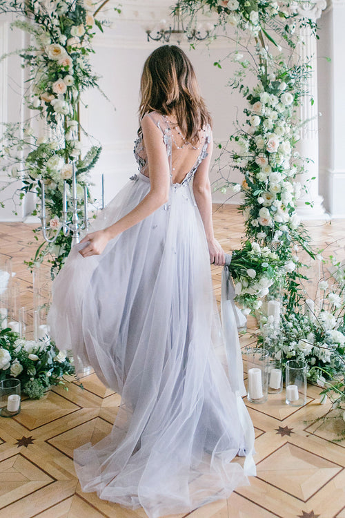 Blue Tulle Wedding Dress with 3D Floral Embroidery and Open Back
