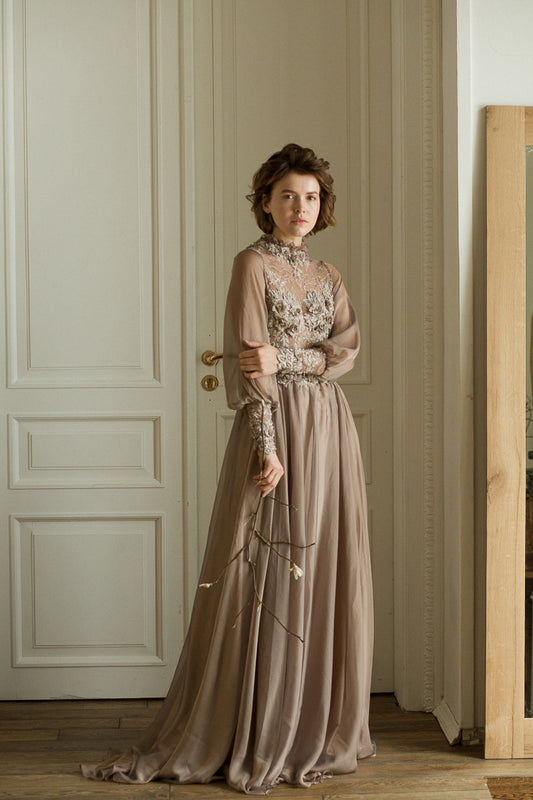 Mocha long sleeve wedding dress with 3D floral lace