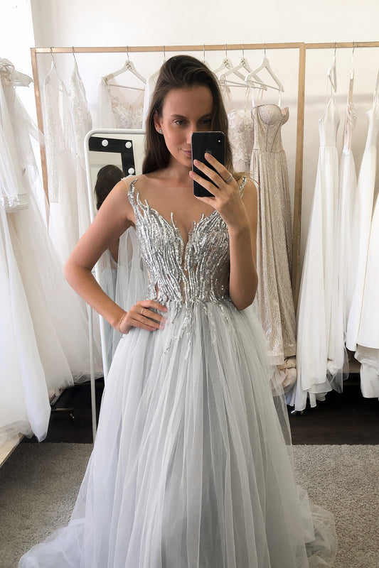 Silver sequin embroidered wedding dress with tulle cape