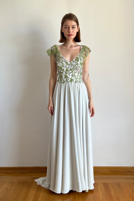Green floral embroidered wedding dress with open back