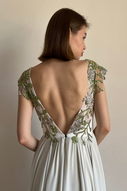 Green floral embroidered wedding dress with open back