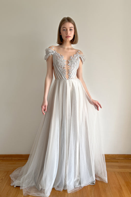 Grey tulle wedding dress with beaded bodice