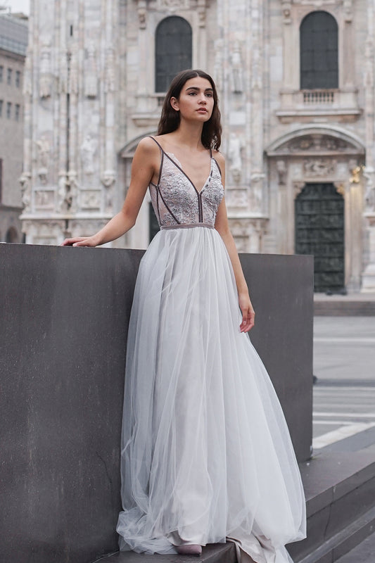 Gray and white wedding dress with lace bodice