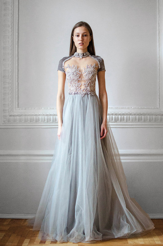 Gray wedding dress with velvet sleeves and beaded top