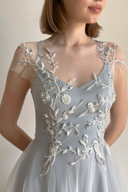 Blue wedding dress with floral beaded embroidery