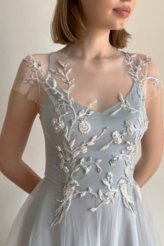 Blue wedding dress with floral beaded embroidery